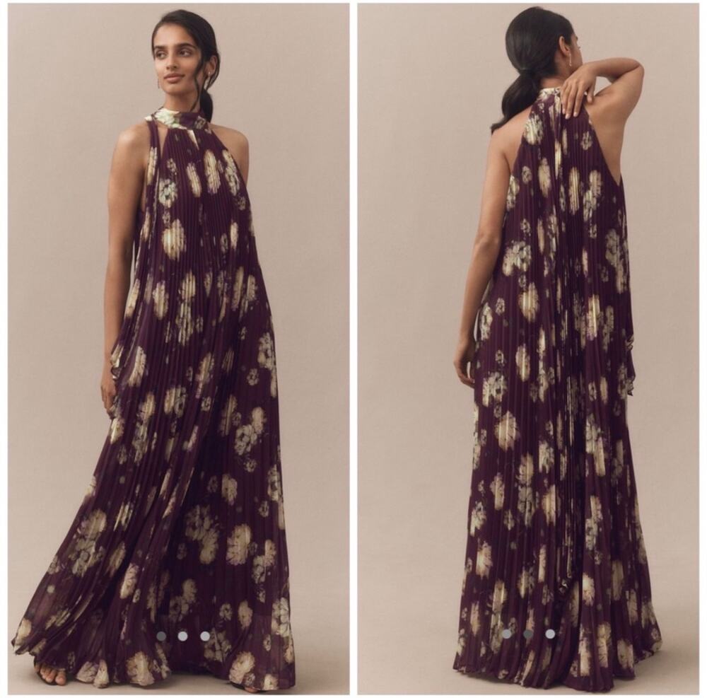 BHLDN Rosie Mock Neck Pleated Chiffon Maxi Dress Size Large